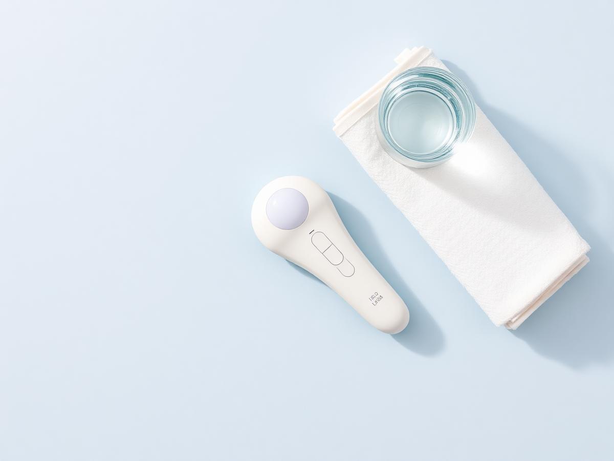 Dispositivo de belleza junto a una toalla doblada y un vaso de agua